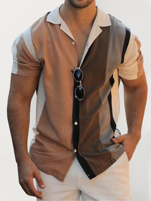Open image in slideshow, Men&#39;s Color Block Short Sleeve Button-up Shirt
